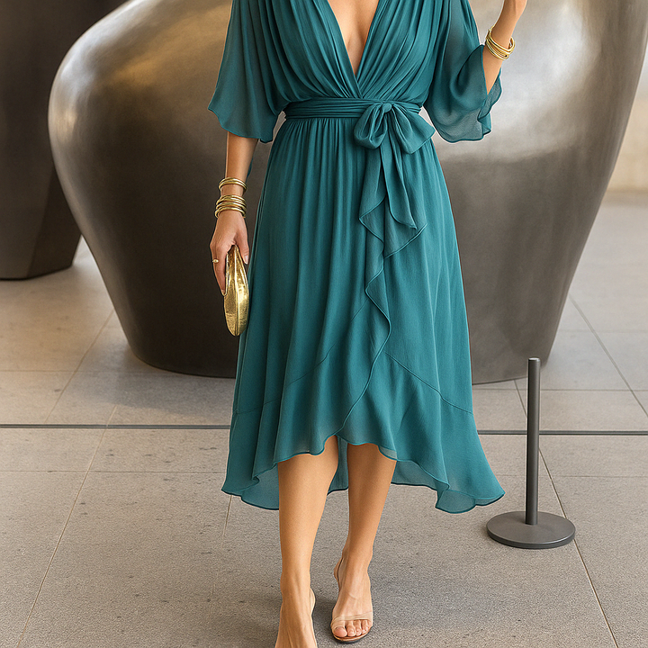 Florina | Damen Fließendes Kleid | V-Ausschnitt